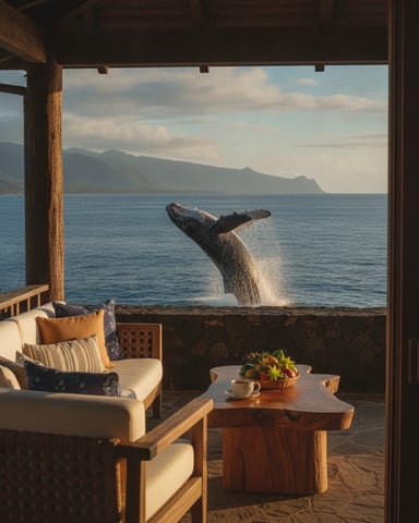 Oceanfront patio with cream chairs and wooden table, whale breaching in ocean view with mountains beyond