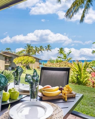 Covered patio dining table with fruit and flowers, overlooking tropical garden and ocean view