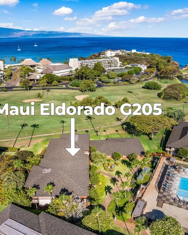 Aerial view of Maui Eldorado G205 resort with golf course, ocean, sailboats, and pool