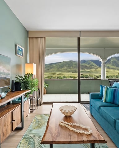 Modern living room with turquoise sofa, wooden furniture, and expansive windows overlooking green volcanic mountains