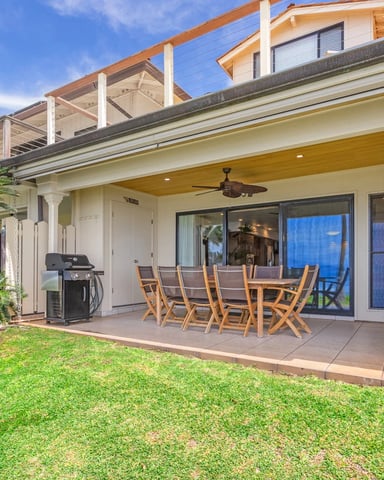 Modern house with covered patio, dining table, grill, and lawn with palm trees