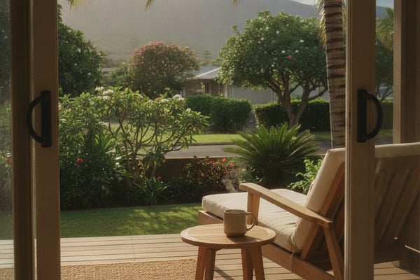 Patio with wooden chair and side table overlooking tropical garden and misty mountains