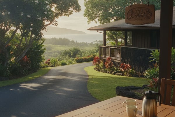 Covered porch with wooden table, coffee service, and notebook overlooking curved driveway, manicured lawn, tropical plants, and mountain valley view