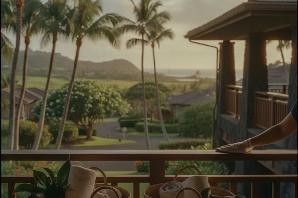 Lanai with woven baskets, palm trees, and valley view with distant mountains and water